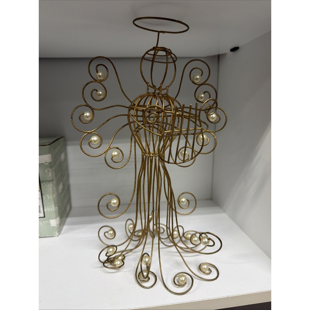 Glitter Gold Wire Angel Christmas Holiday Figurine Decor 10" with faux pearls